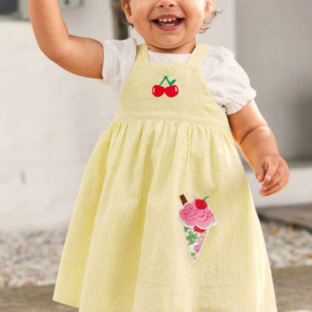 Boden Yellow Cherry Ice Cream Seersucker Dress NWT